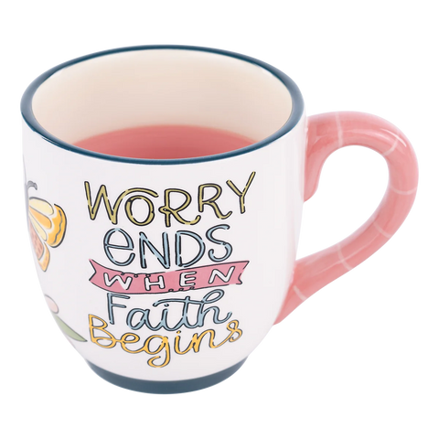 GLORY HAUS Worry Ends when Faith Begins Mug