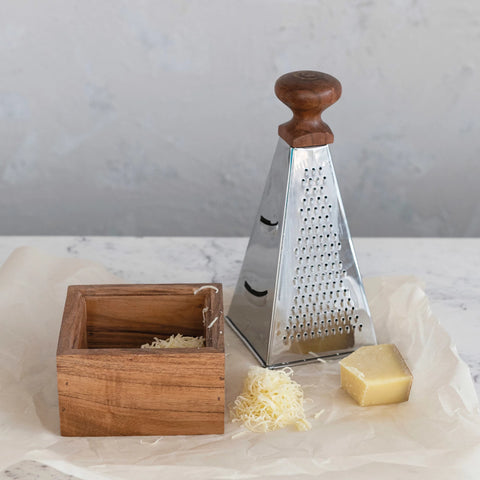 Stainless Steel Grater with Acacia Wood Handle and Base